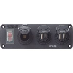 Blue Sea 4365 Water Resistant Usb Accessory Panel - 15a Circuit Breaker, 12v Socket, 2x 2.1a Dual Usb Chargers