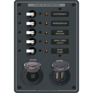 Blue Sea 8120 - 5 Position 12v Panel W/Dual Usb & 12v Socket