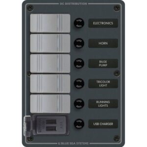 Blue Sea 8121 - 5 Position Contura Switch Panel W/Dual Usb Chargers - 12/24v Dc - Black