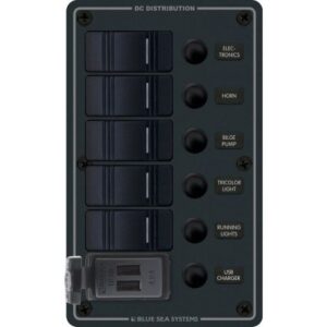 Blue Sea 8521 - 5 Position Contura Switch Panel W/Dual Usb Chargers - 12/24v Dc - Black