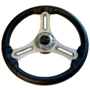 Schmitt Marine Torcello 14" Wheel - 03 Series - Polyurethane Wheel W/Chrome Trim & Cap - Brushed Spokes - 3/4" Tapered Shaft - Retail Packaging