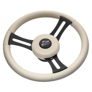 Schmitt Marine Torcello Elite 14" Wheel - Beige Leather & Cap - White Stitching - Black Ss Spokes - 3/4" Tapered Shaft