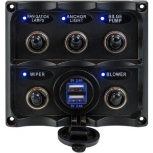 Sea-Dog Water Resistant Toggle Switch Panel W/Usb Power Socket - 5 Toggle